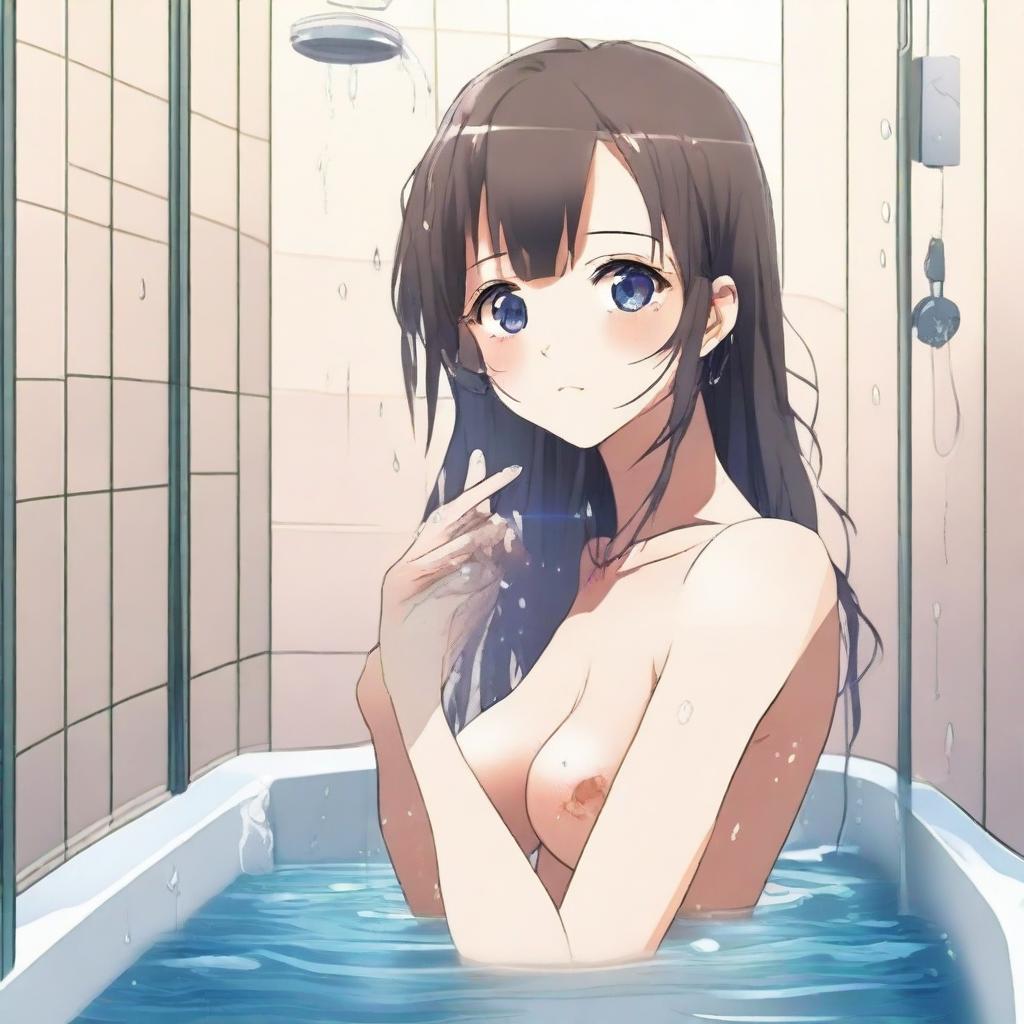 Create an image of an anime girl in the shower, taking care to maintain modesty and respectfulness