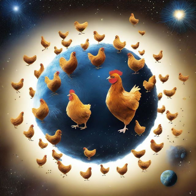 Create an image of a unique planet entirely composed of chickens