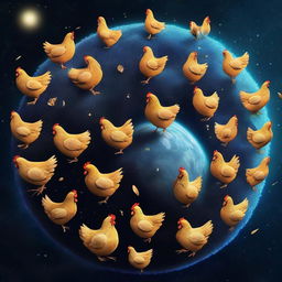 Create an image of a unique planet entirely composed of chickens