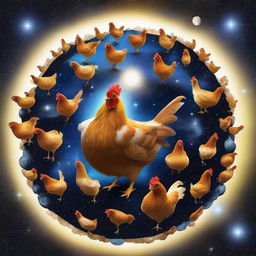 Create an image of a unique planet entirely composed of chickens