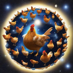 Create an image of a unique planet entirely composed of chickens