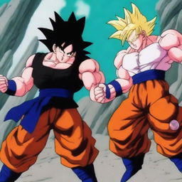 An epic anime scene featuring muscular characters engaged in intense combat