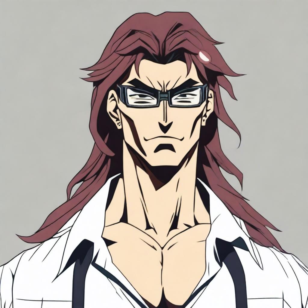 Generate an image of a human character with slightly long hair and black glasses, designed in the style of Baki Hanma anime