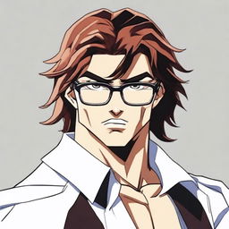 Generate an image of a human character with slightly long hair and black glasses, designed in the style of Baki Hanma anime