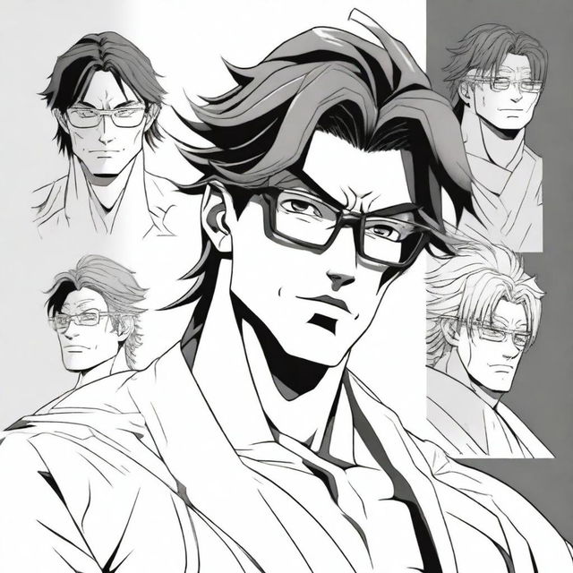 Generate an image of a human character with slightly long hair and black glasses, designed in the style of Baki Hanma anime