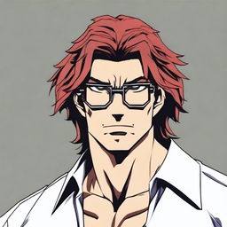 Generate an image of a human character with slightly long hair and black glasses, designed in the style of Baki Hanma anime