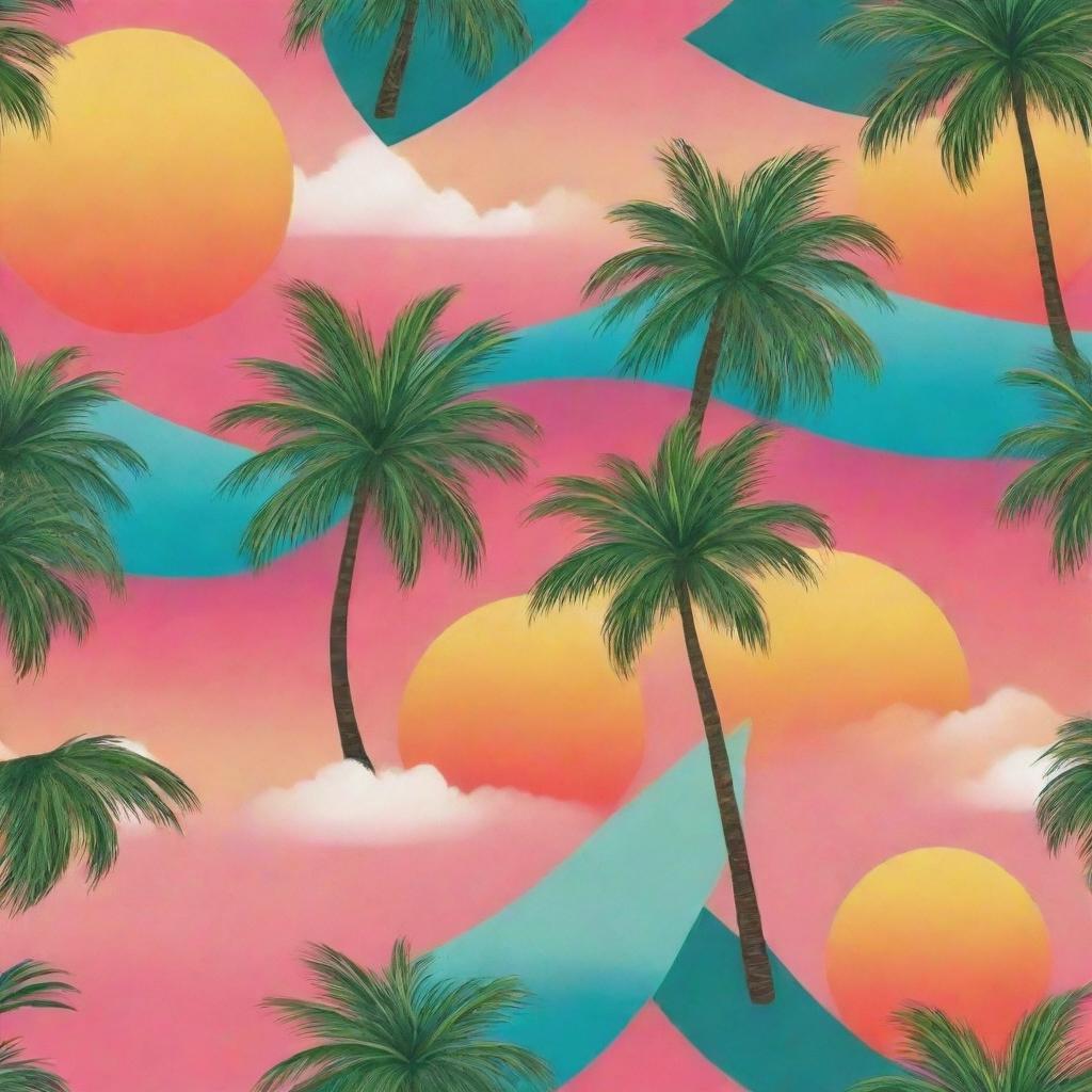 A star-shaped tropical theme with vibrant colors, featuring elements like palm trees, beaches, coconuts, and a sunset in the background.