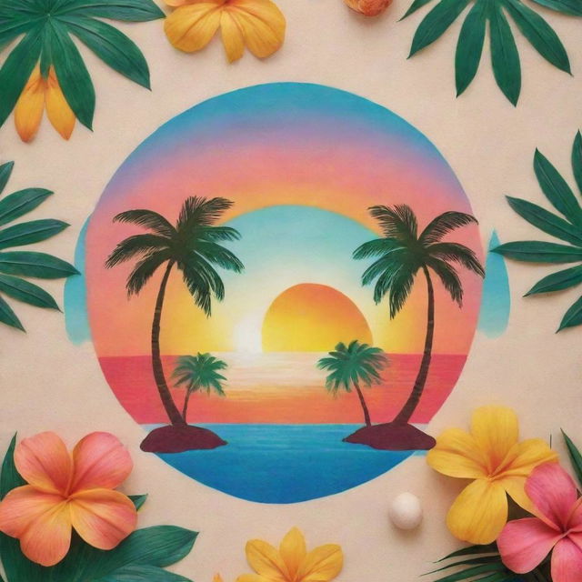 A star-shaped tropical theme with vibrant colors, featuring elements like palm trees, beaches, coconuts, and a sunset in the background.