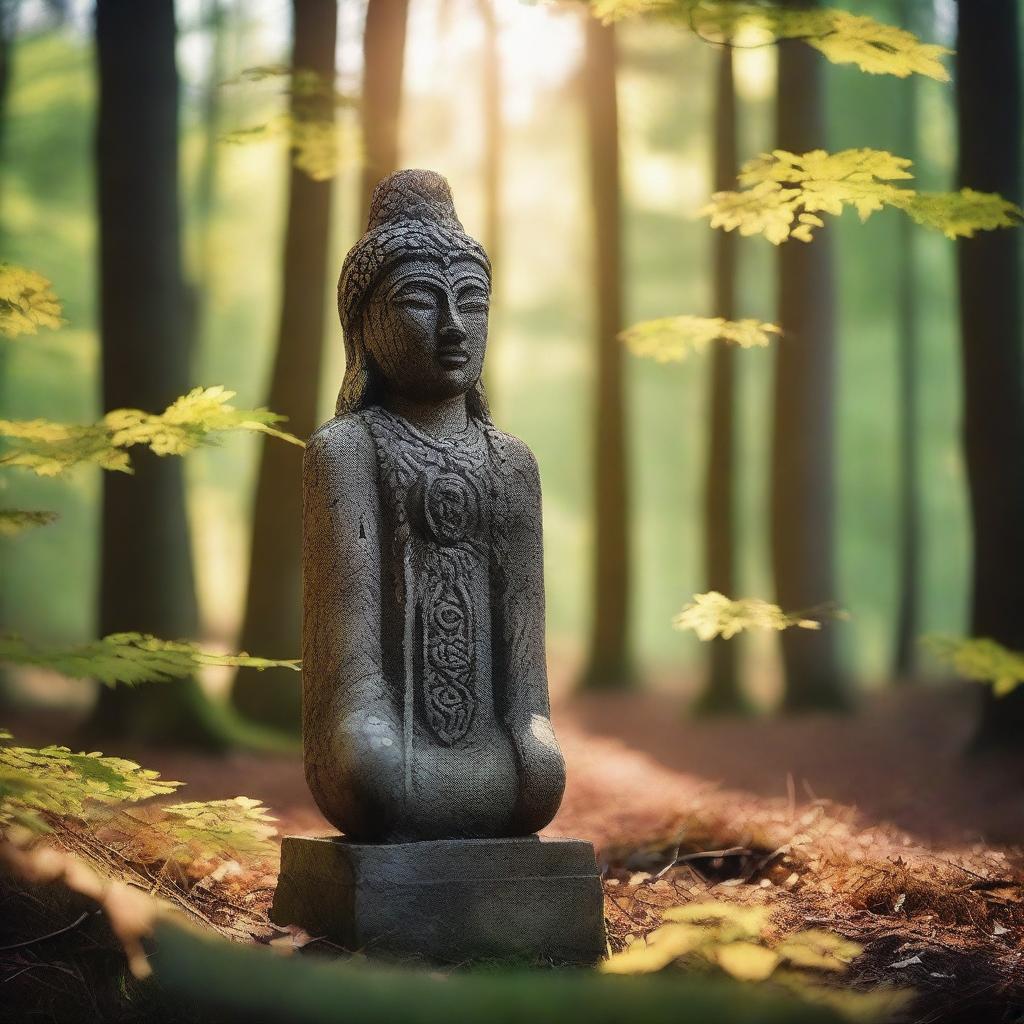 A Slavic idol, carved from ancient stone, stands alone in the heart of a dense forest