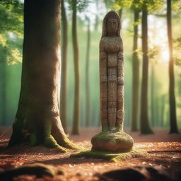 A Slavic idol, carved from ancient stone, stands alone in the heart of a dense forest