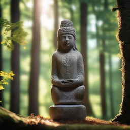 A Slavic idol, carved from ancient stone, stands alone in the heart of a dense forest