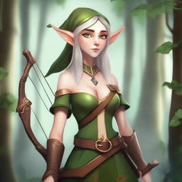 Create an image of a tall, female elf who has a mushroom-themed outfit