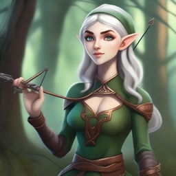 Create an image of a tall, female elf who has a mushroom-themed outfit