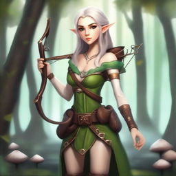 Create an image of a tall, female elf who has a mushroom-themed outfit