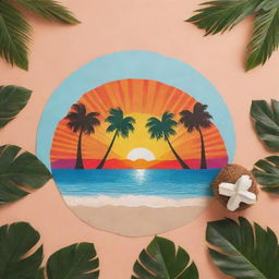 A star-shaped tropical theme with vibrant colors, featuring elements like palm trees, beaches, coconuts, and a sunset in the background.