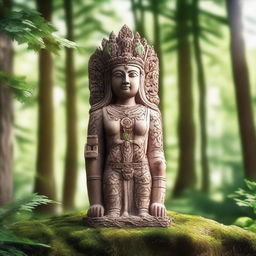 Generate an image of a Slavic pagan idol situated in the woods on a bright day