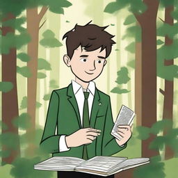 Create a novel cover featuring a young businessman named Alex, who after losing everything, retreats to the forest out of embarrassment