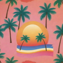 A star-shaped tropical theme with vibrant colors, featuring elements like palm trees, beaches, coconuts, and a sunset in the background.