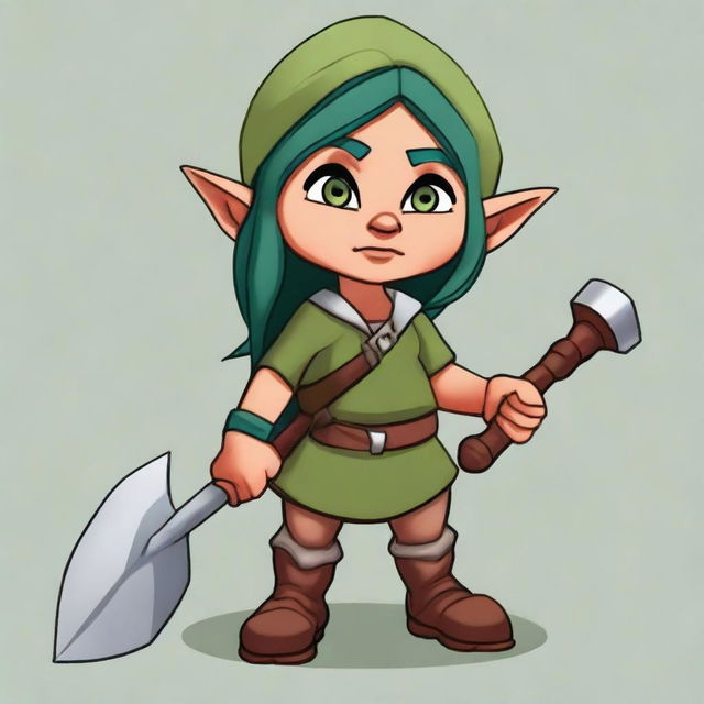 Generate an image of a middle-aged female gnome with brown skin and green hair