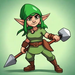 Generate an image of a middle-aged female gnome with brown skin and green hair