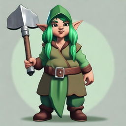 Generate an image of a middle-aged female gnome with brown skin and green hair