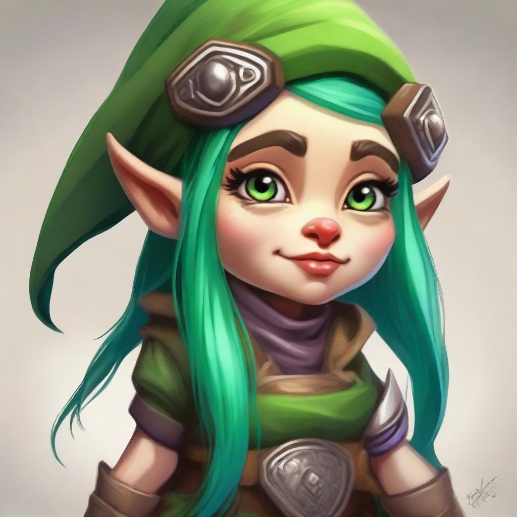 This is a vibrant digital art representation of a female gnome from the fantasy universe