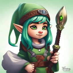 This is a vibrant digital art representation of a female gnome from the fantasy universe