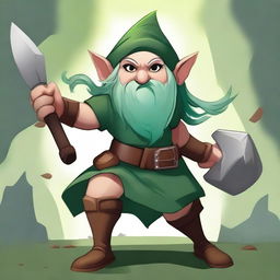 Create a digital art illustration of an older female gnome barbarian with distinct green hair and brown skin