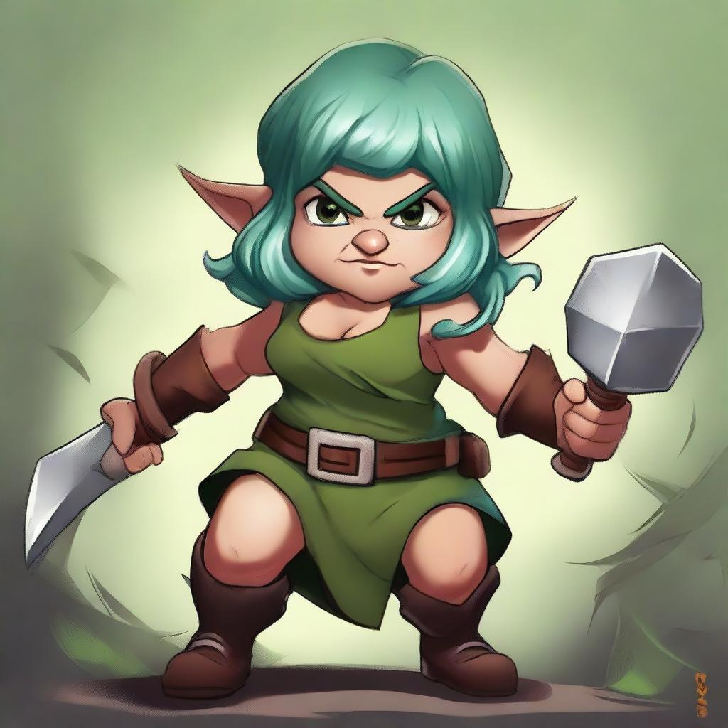 Create a digital art illustration of an older female gnome barbarian with distinct green hair and brown skin