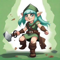 Create a digital art illustration of an older female gnome barbarian with distinct green hair and brown skin