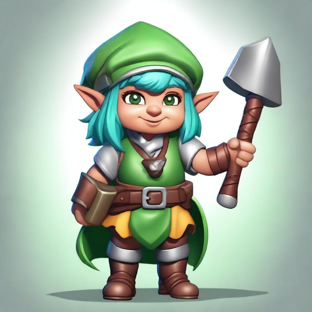 An older female gnome with brown skin and vibrant green hair is ready for battle