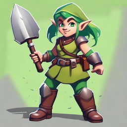 An older female gnome with brown skin and vibrant green hair is ready for battle