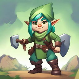 An older female gnome with brown skin and vibrant green hair is ready for battle