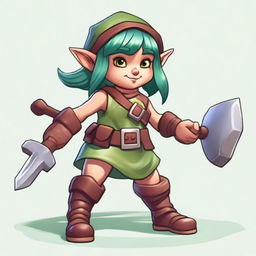 An older female gnome with brown skin and vibrant green hair is ready for battle