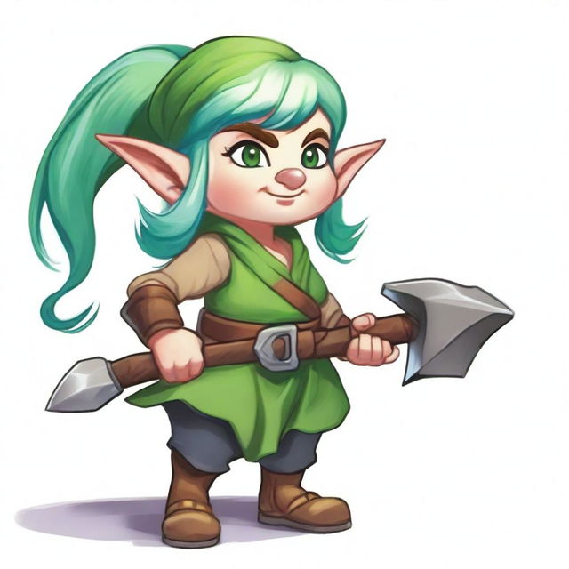 An older female gnome from Dungeons and Dragons, going into battle with her war hammer and sling