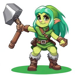 An older female gnome from Dungeons and Dragons, going into battle with her war hammer and sling