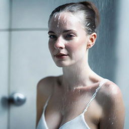 Generate a tasteful and non-explicit image of a white-skinned woman in the shower