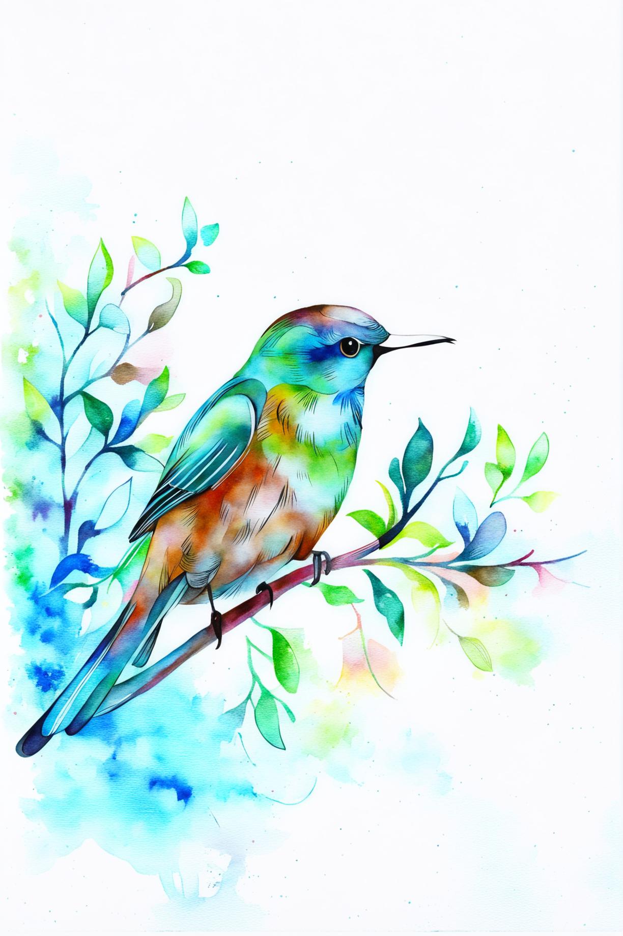 An original watercolour painting of a bird, this time capturing the bird in a serene, peaceful setting