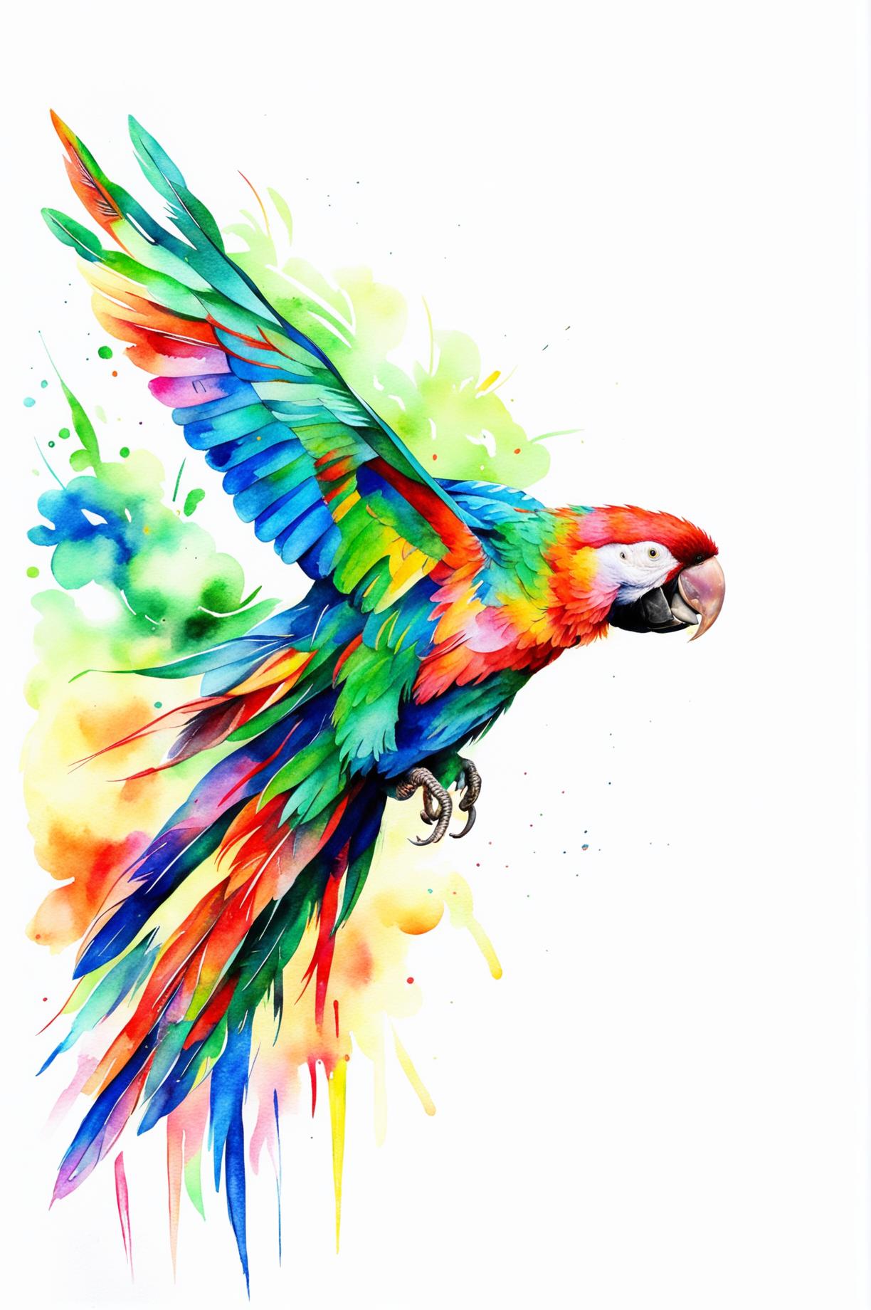 A unique watercolour painting of a parrot in flight