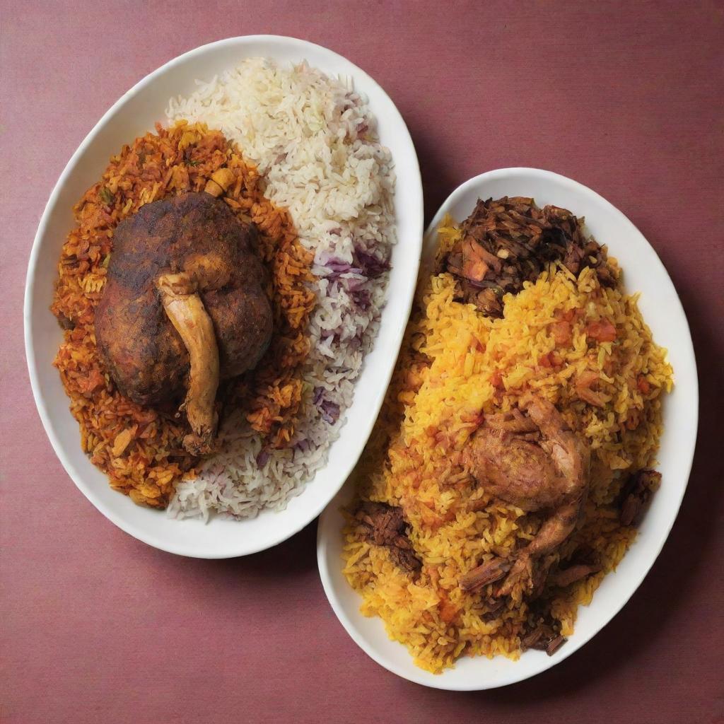 Generate a comparison image between two plates of biryani. One filled with a roasted leg piece, layered with multicolor rice (yellow, orange, red), evoking a spicy feel. The second plate features a leg piece with monotone yellow rice.