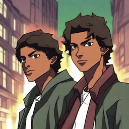 Generate an image of two young adult male characters in a supernatural city that resembles reality with suspenseful lighting