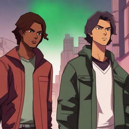 Generate an image of two young adult male characters in a supernatural city that resembles reality with suspenseful lighting