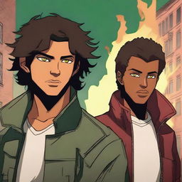 Generate an image of two young adult male characters in a supernatural city that resembles reality with suspenseful lighting