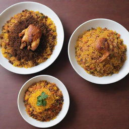 Generate a comparison image between two plates of biryani. One filled with a roasted leg piece, layered with multicolor rice (yellow, orange, red), evoking a spicy feel. The second plate features a leg piece with monotone yellow rice.