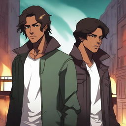 Generate an image of two young adult male characters in a supernatural city that resembles reality with suspenseful lighting