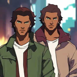 Generate an image of two young adult male characters in a supernatural city that resembles reality with suspenseful lighting