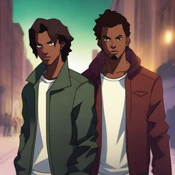 Generate an image of two young adult male characters in a supernatural city that resembles reality with suspenseful lighting