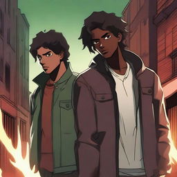 Generate an image of two young adult male characters in a supernatural city that resembles reality with suspenseful lighting