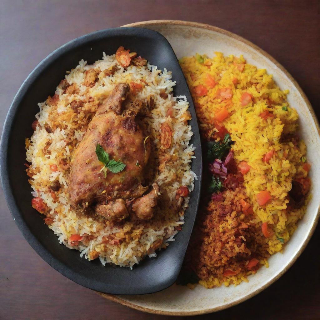 Generate a comparison image between two plates of biryani. One filled with a roasted leg piece, layered with multicolor rice (yellow, orange, red), evoking a spicy feel. The second plate features a leg piece with monotone yellow rice.