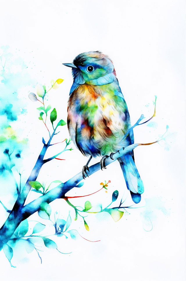 A unique watercolour painting of a bird perched on a tree branch, observing its surroundings